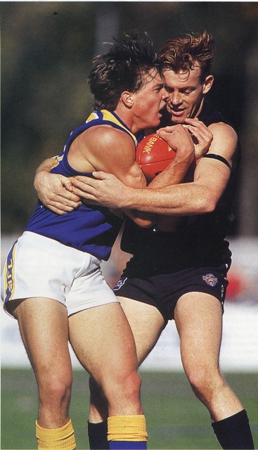 1996 Rd 5 - Adrian Hickmott tackles Ben Cousins.