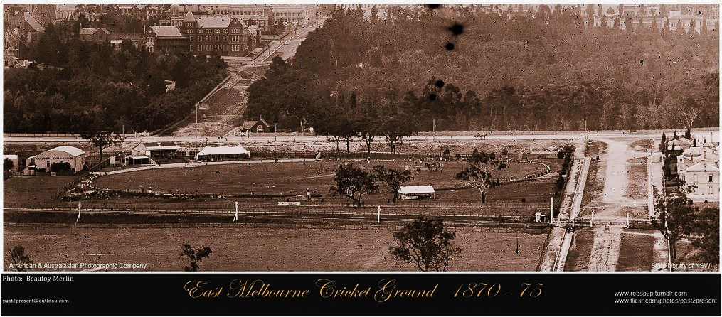 1870 - 1875 East Melbourne Cricket Ground
Landsdowne Street & Wellington Parade with The Treasury and Fitzroy Gardens
Flinders Street to Richmond railway in foreground crossing Jolimont Road.
State Library of NSW
Past 2 Present Melbourne 