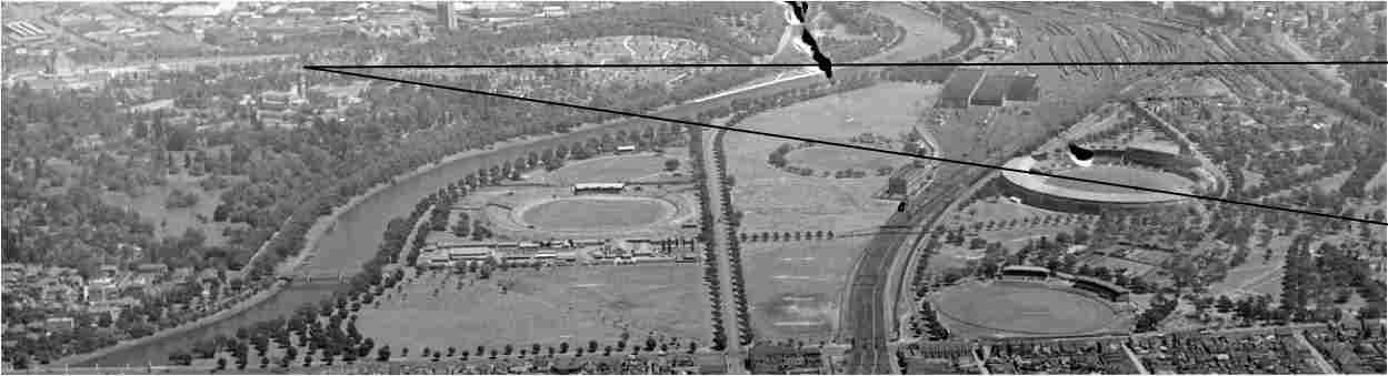 1945 aerial, Gov. House, ovals, MCG, Punt Rd.
Approx 1876 sight lines from Government House to the EMCG and MCG 
This tries to place the 1870-75 EMCG and MCG image views in relation to the camera site.
Enlarged and cropped Boyles image