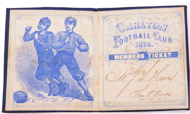 1876 J. G. Harris' Membership Ticket
J. G. Harris former player and committeeman (1870)
Dave Crone's collection - Leonard Joel Auctions
Note: Angelo (N backwards) bottom right hand corner of sketch, drawn by former Carlton player Angelo Azzopardi