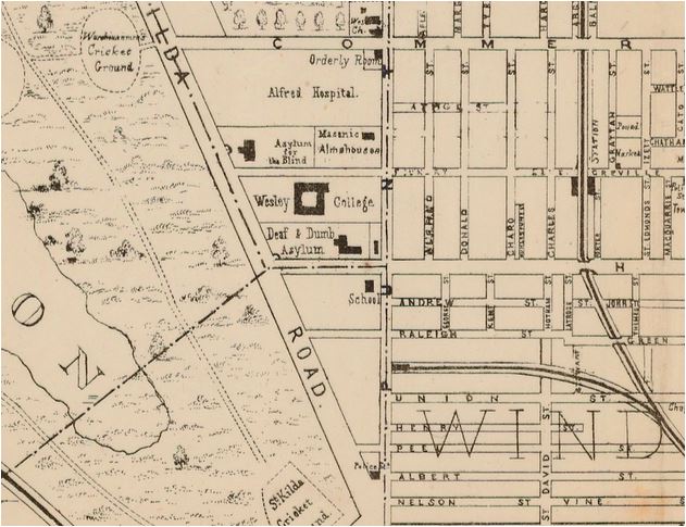 1873 Warehouseman, St.Kilda, and Wesley College
Carlton played at all three venues.
From 1873 Sands and McDougall Melbourne map.