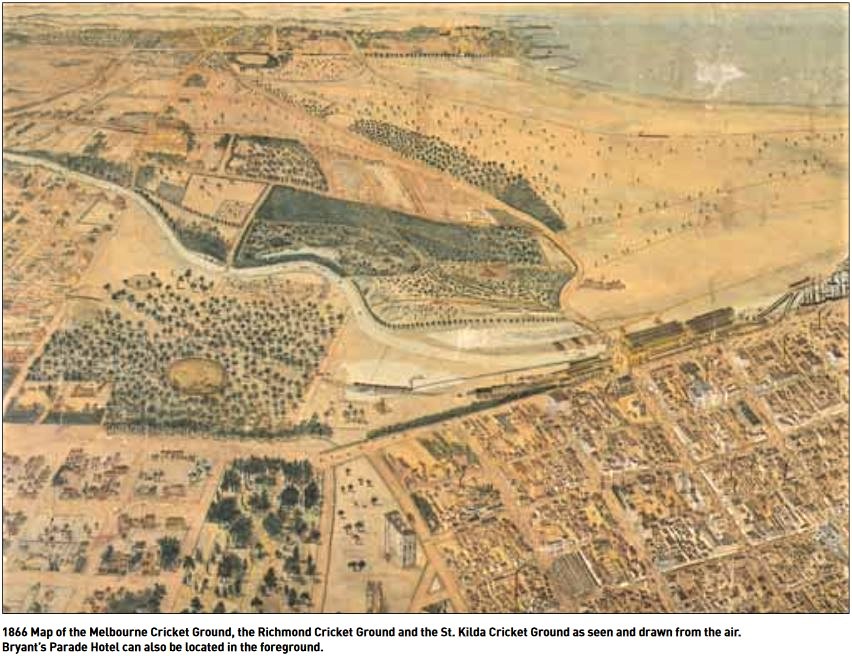 1866 aerial view of MCG, Punt Road, StKilda
Courtesy: MCC - The Yorker No.39 Autumn 2009