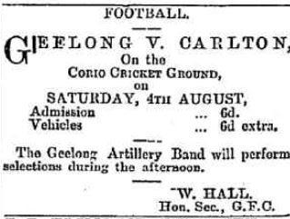 1883 Geelong v Carlton advert.
Image: Trove; Geelong Advertiser August 04 p3 