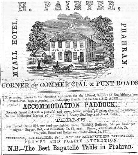 1857 Myall Hotel advert Picture Victoria ID14907
1865 First recorded Carlton match was played on the Myall Ground in Prahran