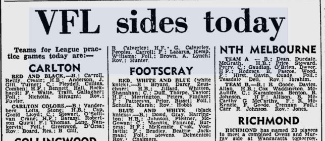 1966 - Carlton Practice Match Line-ups.