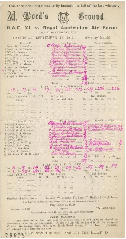 1942 Flt. Sgt. Les Gregory,  RAF XI v RAAF at Lords
Scorecard
Image: sportspages.com
www.sportspages.com/product/st-mary-39-s-hospital-v-u-c-s-old-boys-1942-cricket-scorecard-4-3-3-3