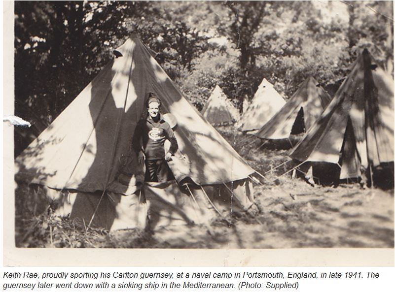 1941 Keith Rae wearing his Carlton guernsey at naval camp Portsmouth England. 
Rae family/CFC image