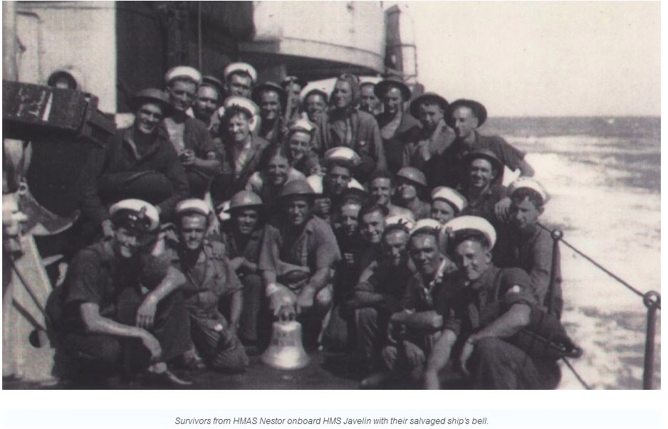 1942 HMAS Nestor's survivors on board the HMS Javelin.
Possibly Keith Rae, two behind the man in front with the ships bell.
RAN image 