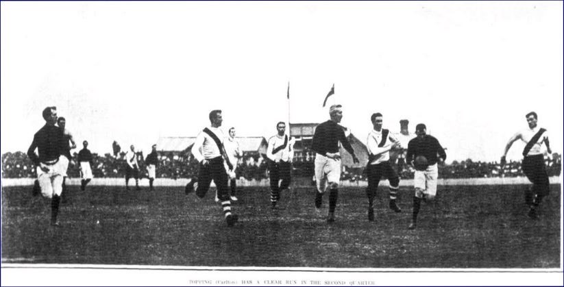 1908 Rnd 6 v South Melb. Lake Oval. R. McGregor, F. Caine, G. Topping
Trove; Australasian June 13 