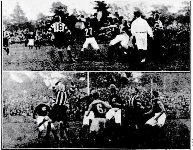 1913 Rnd 13 v Collingwood at Princes Park
Top photo, No. 27 Chris Cameron, umpire O'Hehir.
Bottom photo, No. 6 is Viv Valentine, this is possibly the first image of the 1890 - 1907 design guernsey with a number. Numbers were not worn in the VFL until the finals matches of 1911.
Images; Trove, Table Talk July 24