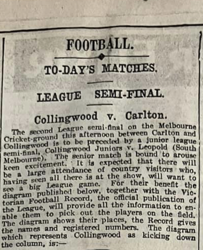 1919 Semi Final - Collingwood vs Carlton.