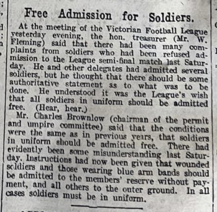 1919 Semi Final - Collingwood vs Carlton; free admission for soldiers.