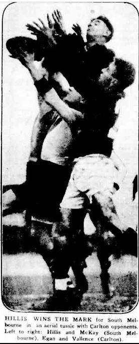 1931 Rnd 10 v South Melbourne at the Lake Oval
Carlton's Alf Egan and Harry Vallence. 
In front, South's Hillis and at rear McKay.
Trove; News-Sun Pictorial July 13 p16