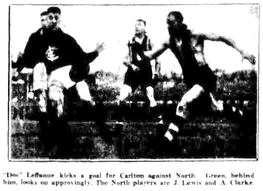 1933 Rnd 9 v North Melb. Rod Leffanue
Trove; Sporting Globe June 28 