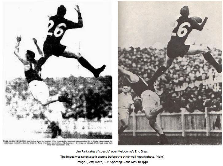 1938 Rnd 6 Jim Park sequence
vs Melbourne
Left image; Trove, Sporting Globe May 28