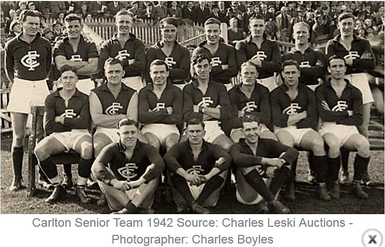 1942 Rnd 15 v Fitzroy at Brunswick Street
Back: G.Gneil, G.Baily*, R.Savage, R.Cooper, A.Sanger, J.Baird, B.Atkinson*, O.Grieve.
Middle: V.Brown, J.Wrout, J.Mooring, J.Francis, B.Chitty, C.McInnes*, D.McIntyre.
Front: P.Schmidt, F.Fitzgibbon*, L.Collins*.
.*Boyles named the team and were most likely/unsure.
Image: Boyles website
