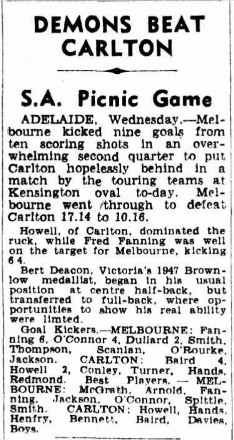 1947 - Melbourne d Carlton in Charity Match in Adelaide.