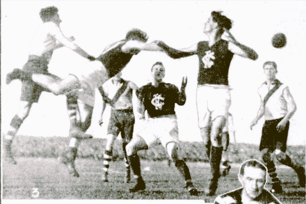 1923 Rnd 15 v SM Lake Oval, Roy Cazaly (SM) Left, Garney Goodrich, Rowley Faust, Rupe Hiskens     Sun News Pic Aug 27 P29 Capture   Copy (2)