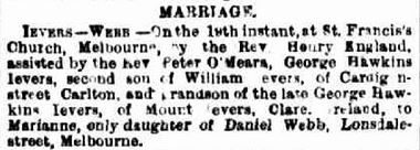 1873 Marriage Geo. H.Ievers to  Marianne  Webb Mick's sister Herald Nov 22 P2 Capture